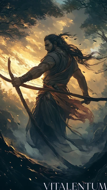 Long haired archer stands poised in a stormy forest at dusk