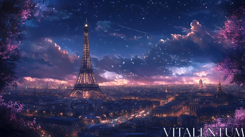 Paris night skyline glows under star‑filled violet sky