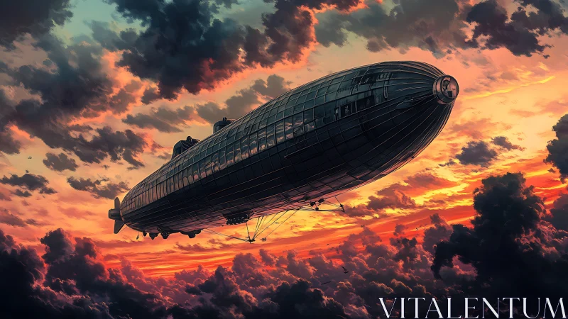 Futuristic airship crossing dense clouds at sunset sky.