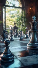 Sunlit metal chess kings dominate reflective marble board.