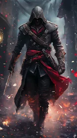 Hooded rogue strides through burning ruins with lethal calm