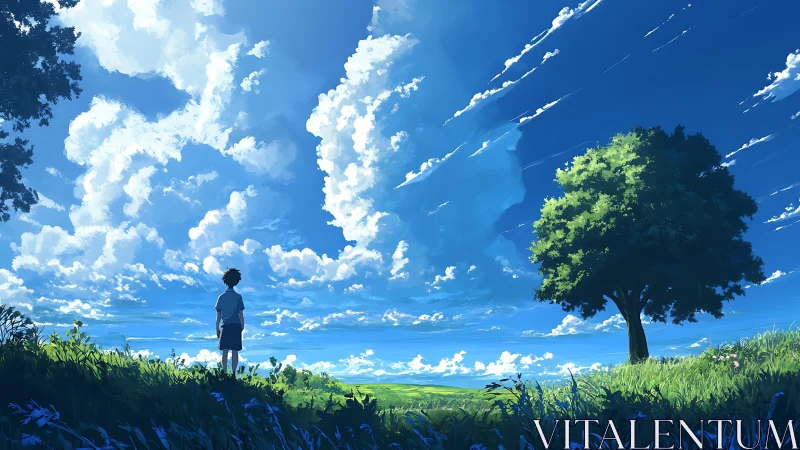 Solitary youth under expansive cumulus sky in summer field.