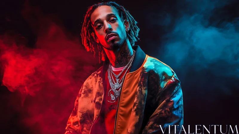 Moody hip hop portrait under red and blue studio smoke.