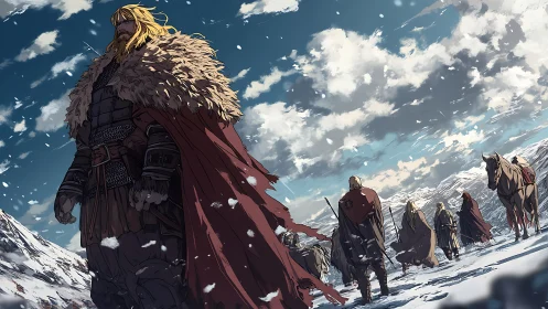 Viking warband trudges through vast frozen mountain pass.