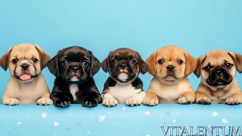 Pug mix puppies line up against bright blue studio backdrop.