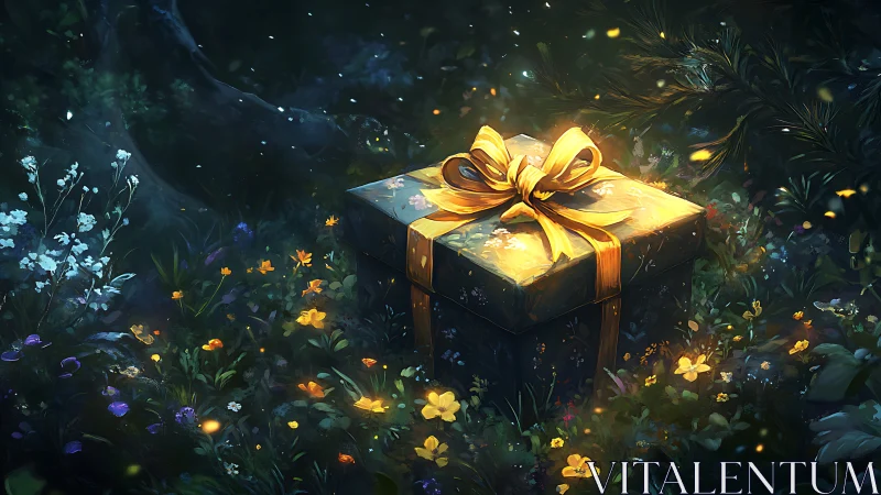 Enchanted gift box in moonlit forest clearing with fireflies.