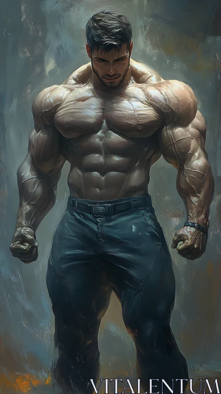 Hyperreal digital painting of muscular male figure in tension