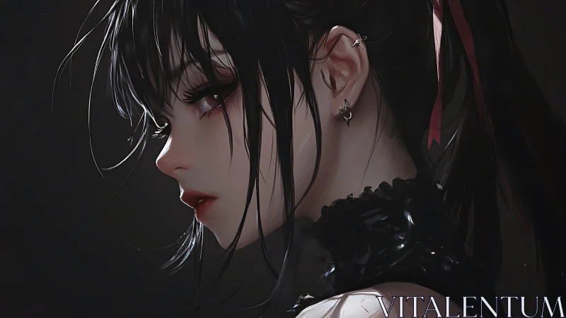 Gothic anime girl gazes into shadow with quiet intensity