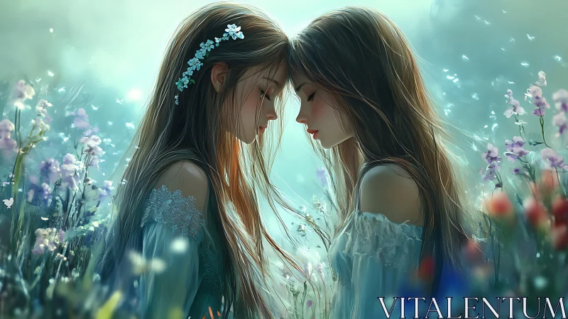 Two figures positioned within flowering field environment under atmospheric lighting