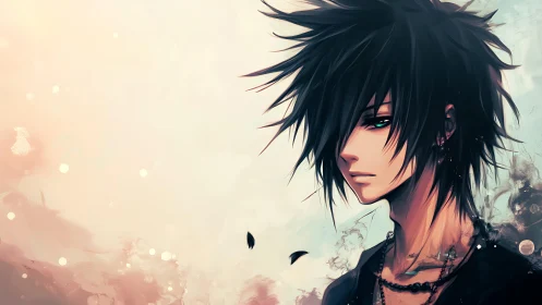 Brooding teal-eyed anime boy in soft pastel haze.