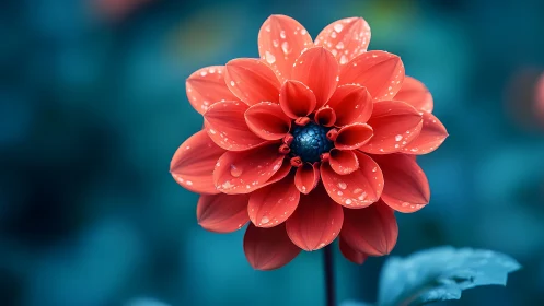 Red Dahlia with Dew Drops Against Teal Background