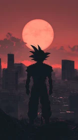 Heroic silhouette watching a quiet city sunset glow.