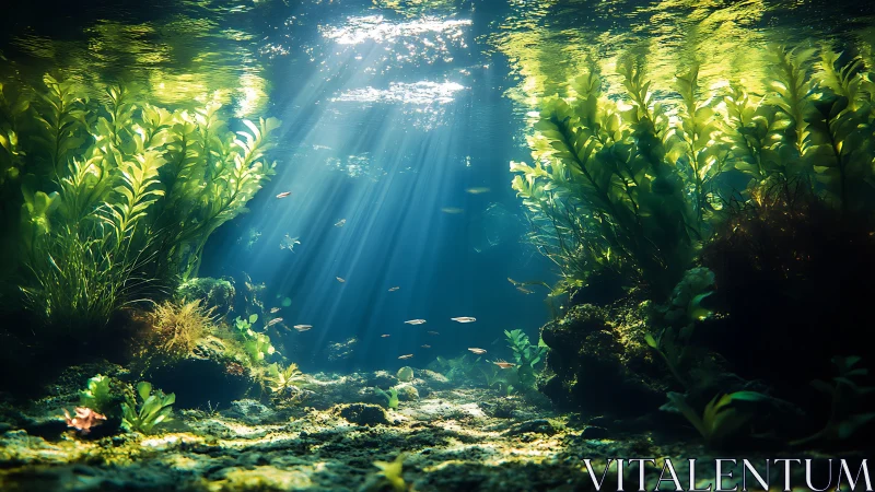 Sunlit underwater garden with drifting fish and kelp forest.