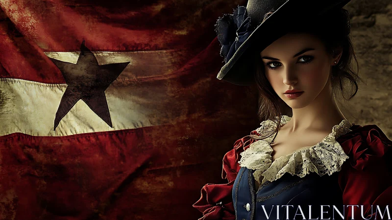 Regal revolutionary woman before weathered star banner.