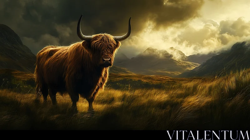 Majestic Highland cow stands under storm-lit golden skies
