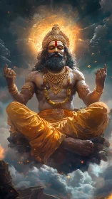 Divine ascetic levitating above storm-torn clouds in radiance.