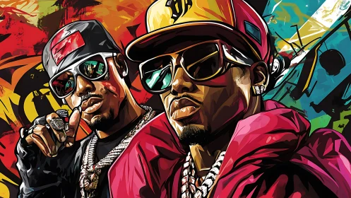 Bold hip-hop duo pose amid explosive urban graffiti energy.