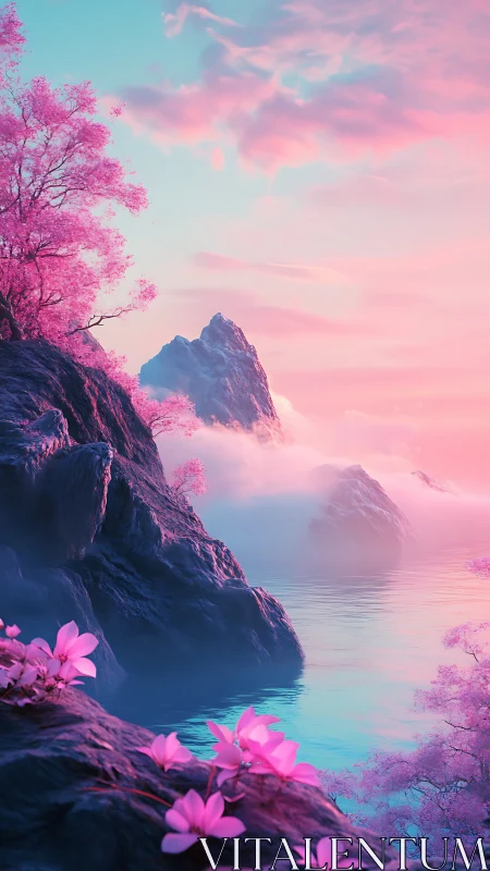Dreamlike pink mountains rise above tranquil misty waters.