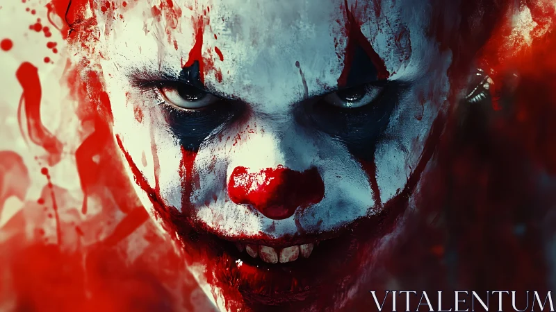 Close frontal view shows blood-smeared clown face in focus