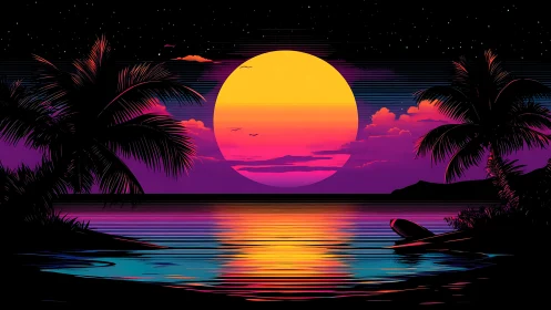 Neon tropical sunset glows over calm retro-futurist sea