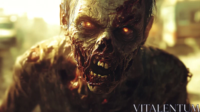 Cinematic close-up of decaying zombie head with glowing eyes
