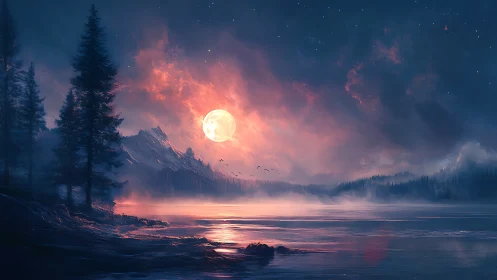 Moonlit mountain lake wrapped in dreamy pink and blue glow.