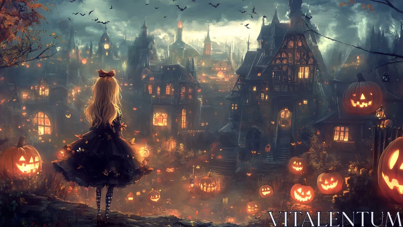 Young witch gazes over glowing Halloween village at dusk