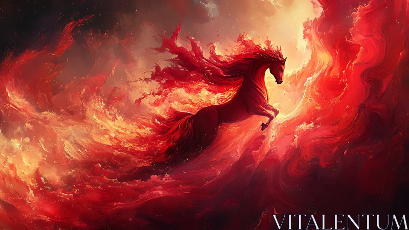 Fireborn stallion surfing molten waves of dawnlight.