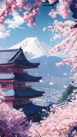 Cherry blossoms frame tiered pagoda before snow peak