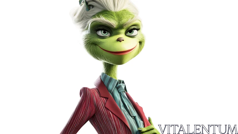 Confident green mischief‑maker poses in sharp striped suit