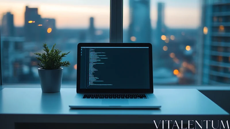 Cozy coding desk with laptop and plant at city sunset.