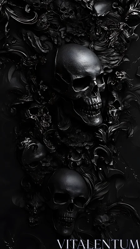 Black skull relief with ornate baroque floral textures.
