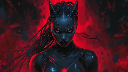 Fierce neon warrior in glowing red and shadowed night.