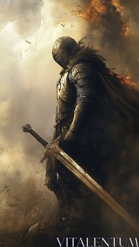 Lone armored knight standing firm in a storm of fire and ash.