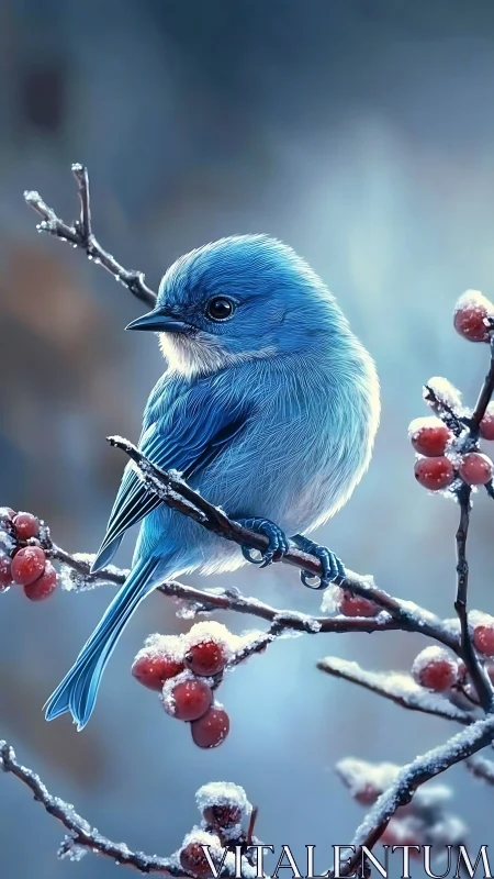 Blue Songbird on Frost-Covered Berry Branch.