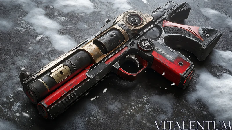 Weathered plasma sidearm reclines on frostbitten concrete