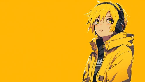 Yellow haired anime teen in headphones stares upward