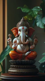 Ganesh statue sits on ornate pedestal in soft indoor light