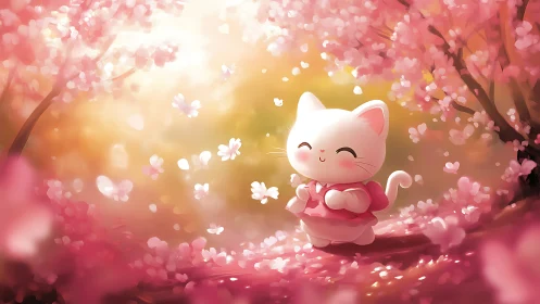 Smiling springtime kitty strolling through pink blossoms.
