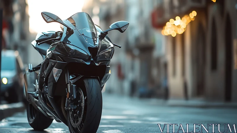 Sleek black sport bike waiting for a twilight city ride.