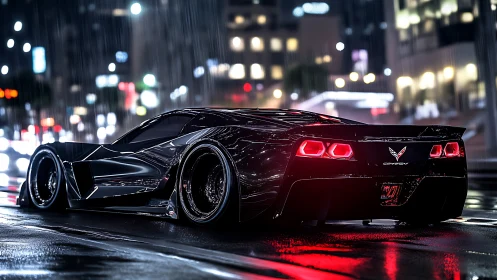 Aerodynamic black supercar under wet neon city street lighting