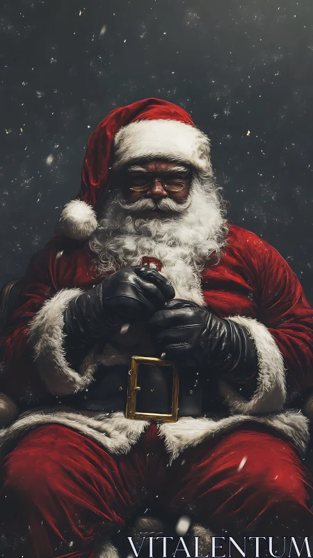Low-key cinematic Santa portrait with snow particle dynamics.