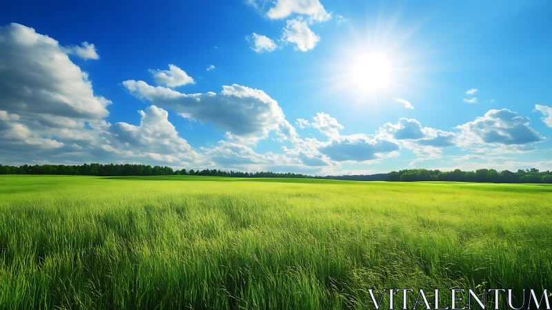 Sunlit green meadow stretches under deep blue summer sky