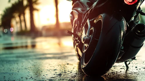 Sport motorcycle rear view on wet city street at sunset.