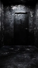 Closed black door in narrow, worn concrete corridor.