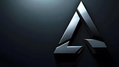 Futuristic metallic triangle logo on dark gradient background.