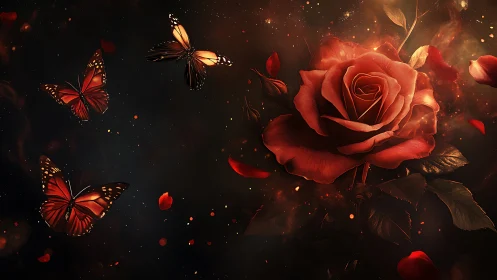 Digital crimson rose with glowing butterflies in darkness.