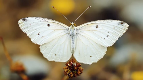 High‑resolution macro study of white butterfly on dried flower