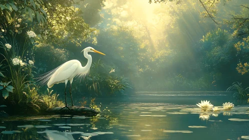 White heron stands by sunlit forest pond with lilies