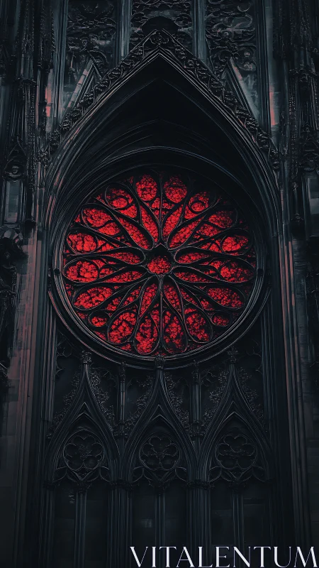 Gothic cathedral fa&ccedil;ade with crimson rose window emphasis.